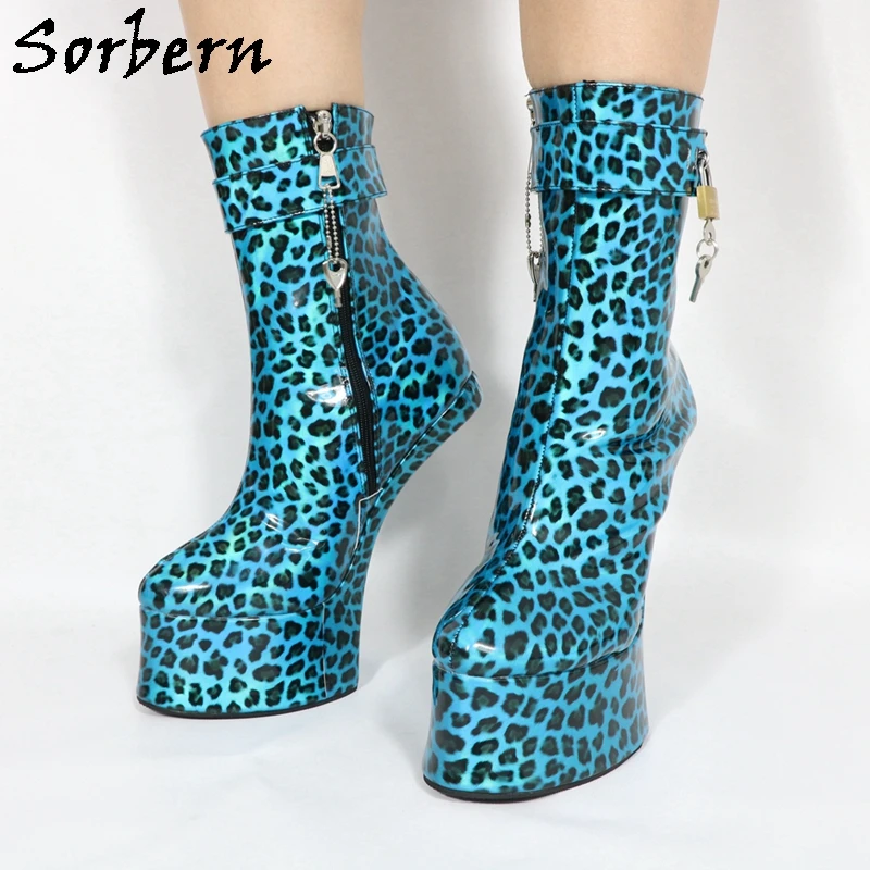 Sorbern Peacock Blue Leopard Ankle Boot With Locks Keys Heelless Ponyplay Heel Lockable Zipper Thick Platform Shoe Fetish Custom