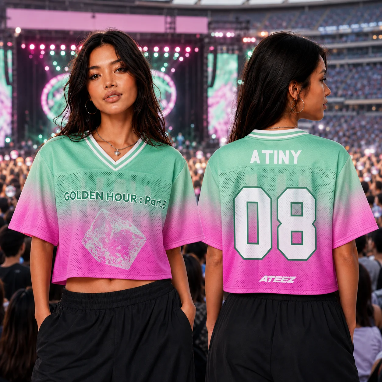 2026 Kpop ATEEZ ATINY 08 Gradient Cropped Jersey Women V-Neck Short Sleeve Crop Top Golden Hour Part 5 Concert Fan Tee