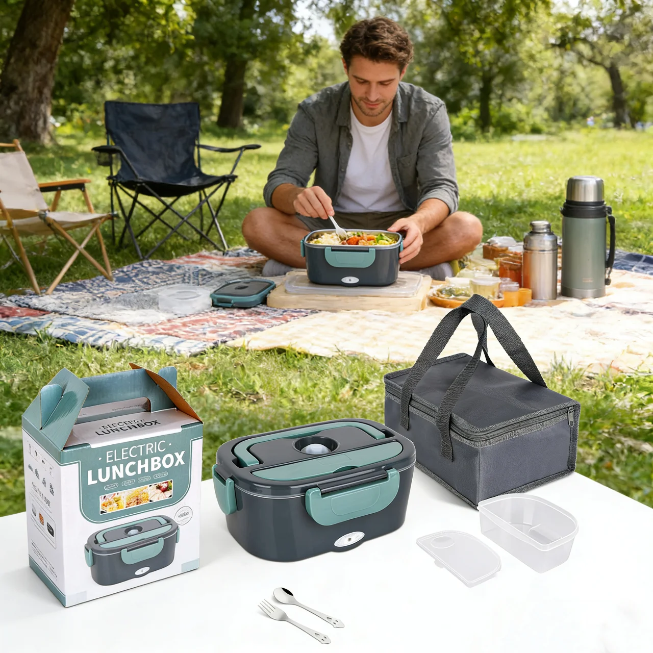 Boîte à lunch électrique 2 en 1, 60W, chauffe-aliments portable en acier inoxydable pour la maison et la voiture, 24V 220V, ensemble de réchauffeur de bento