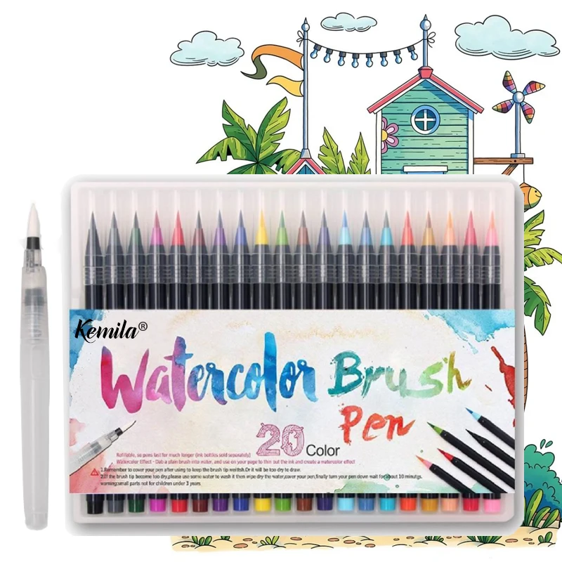 kemila 20 Colors Watercolor Brush Pen Soft Fine Tip Markers Pens Paintbrush for Sketch Drawing Manga Comic Handwriting