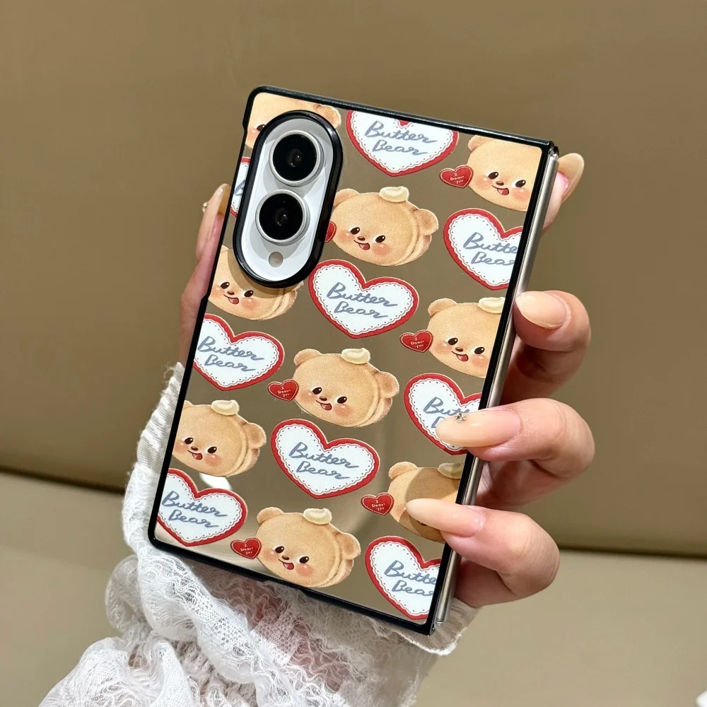 Kawaii Cartoon Bear Heart-Shaped Mirror Phone Case for Samsung Galaxy Z Fold 8 Z Fold 8 Ultra Fold 7 Cover with Charm Sweet Cute
