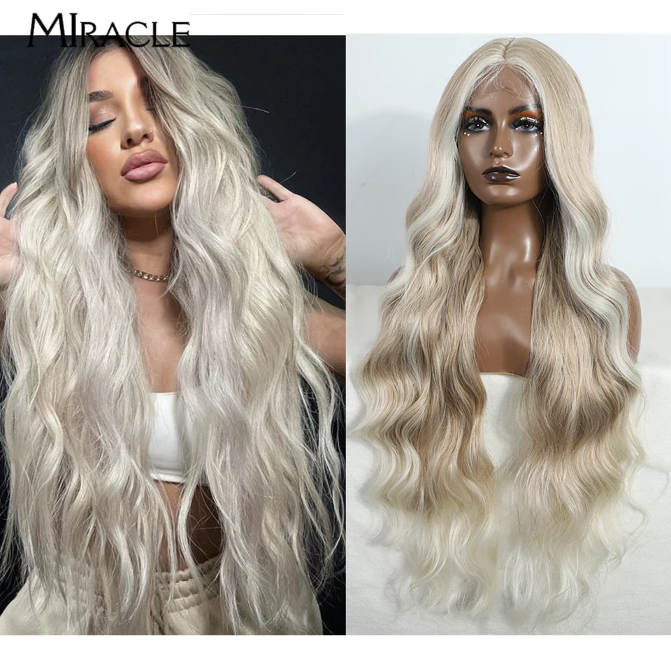 MIRACLE Synthetic 36Inch Omber Lace Front Wig For Woman Fiber Fake Hair Wig Wavy Soft Heat Resistan Cosplay Colorful Brown