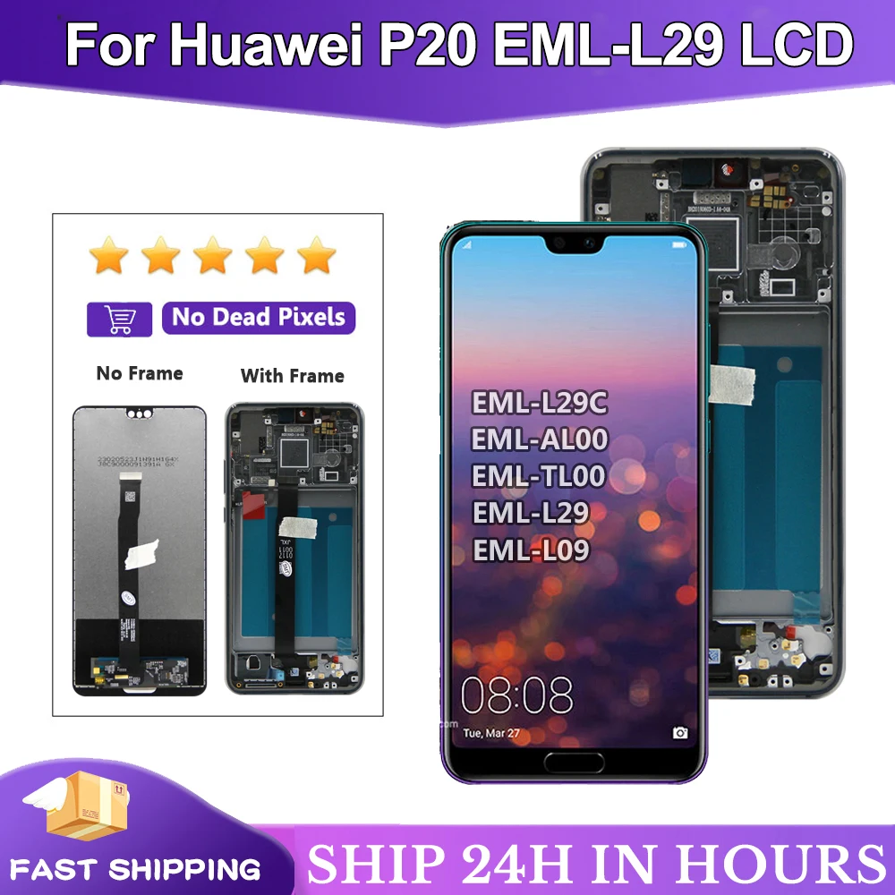 LCD Screen For Huawei P20 EML-L29 L09 L22 Display With Fingerprint 10 Touch Screen Digitizer For Huawei P 20 LCD With Frame