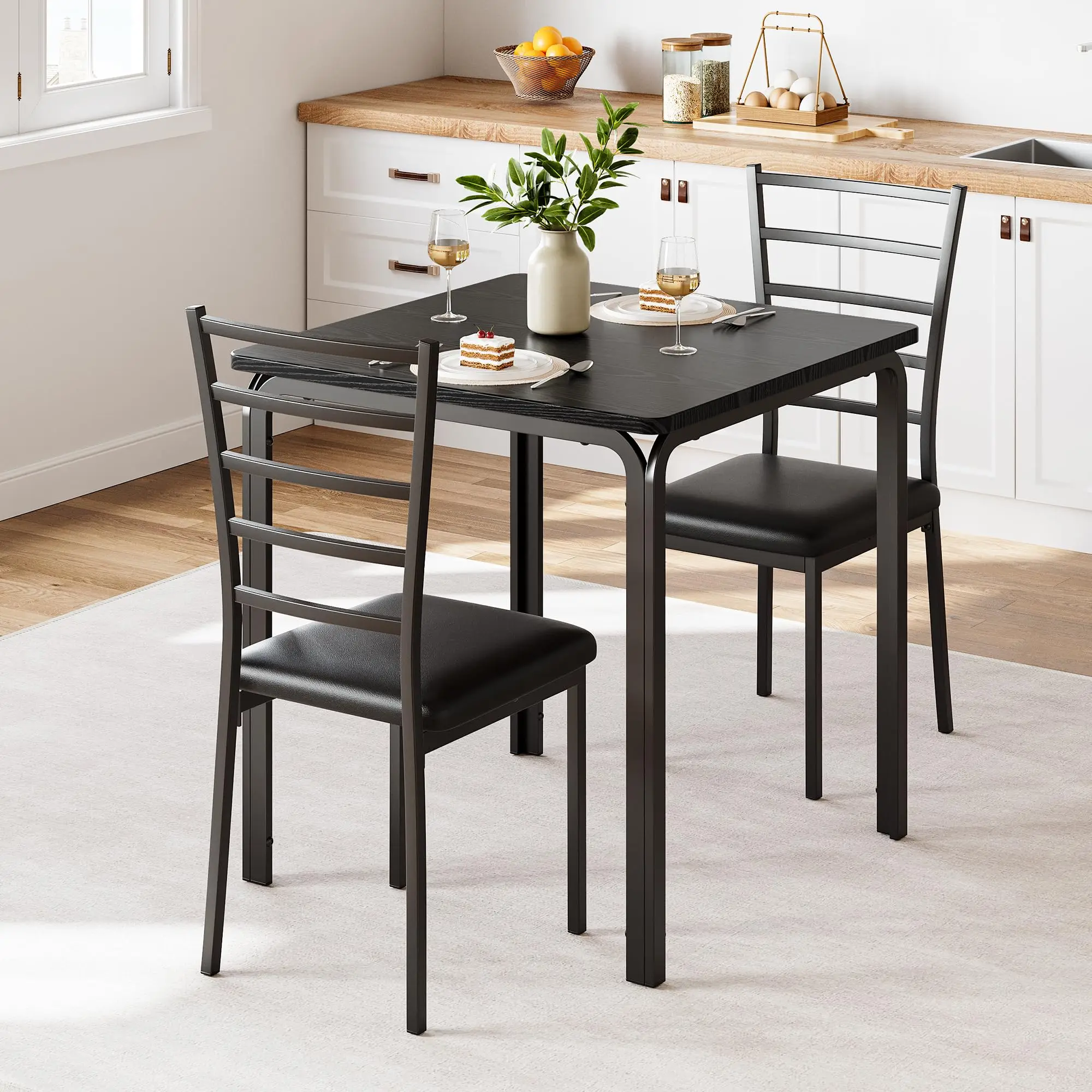 Ensemble de salle à manger 3 pièces, table carrée avec plateau en MDF et 2 chaises rembourrées – gain de place pour la cuisine, la salle à manger ou les petits espaces