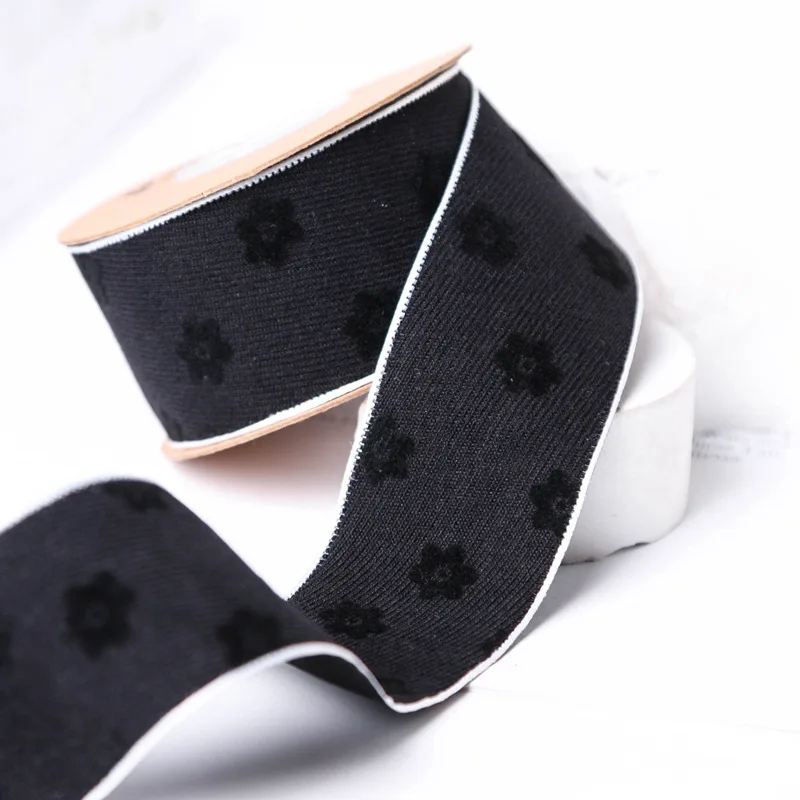 40mm Black Flower Embroidered Twill Ribbon For Bow Material Hair Sewing Accessories Winter Cotton Corduroy Fabric Trim 100Yards