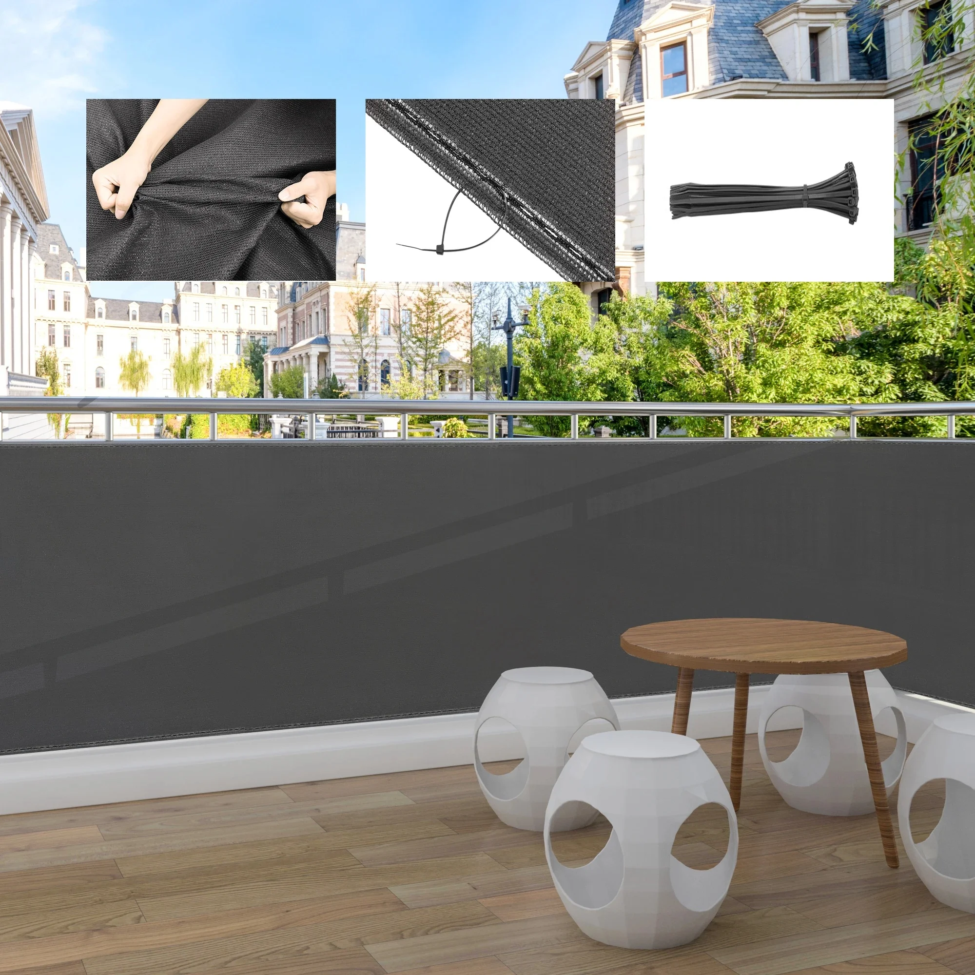 WOLTU Antraciet Privacyscherm Balkon Tuinhek Scherm Zonnescherm Netto Windstof Zonbescherming Mesh met kabelbinders Buiten - afbeelding 2