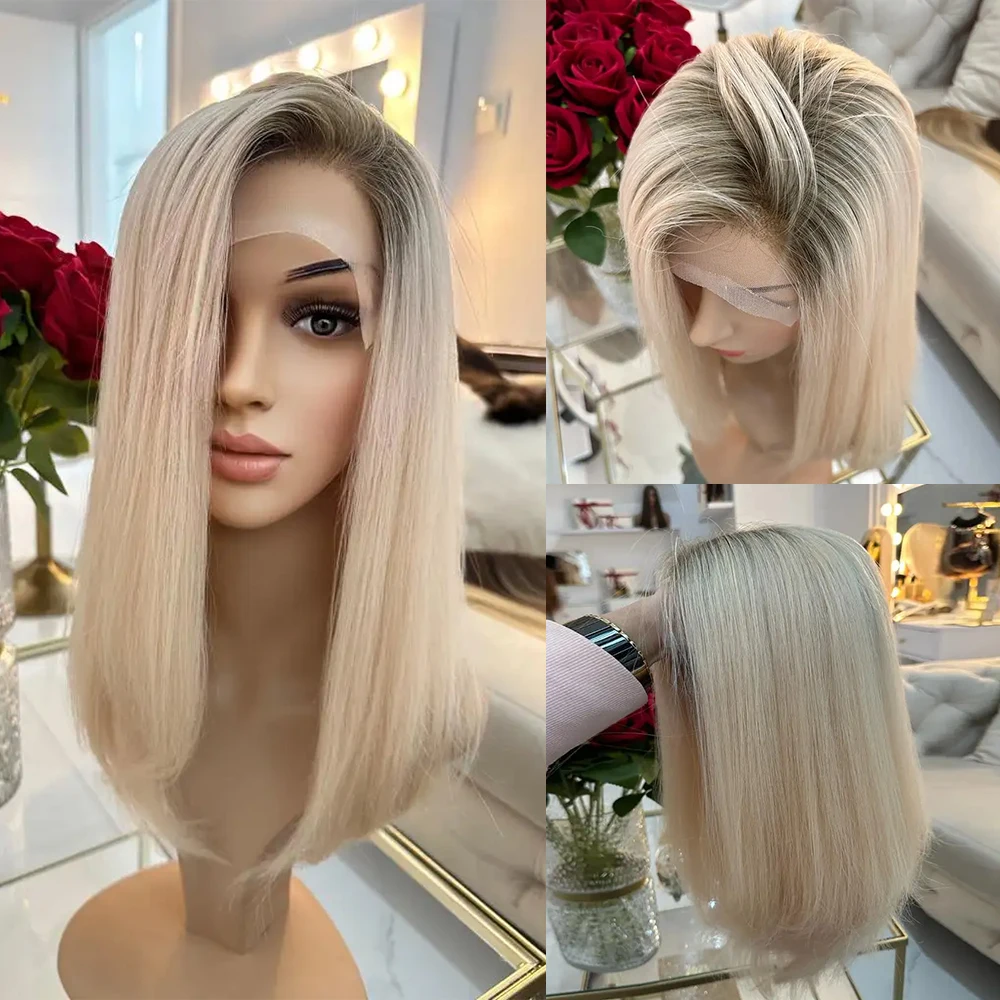 

Free Style Ash Root Platinum Blonde Full Lace Short Straight Wigs Brazilian Real Hair Lace Front Wig HD13x6 Ombre Human Hair Wig