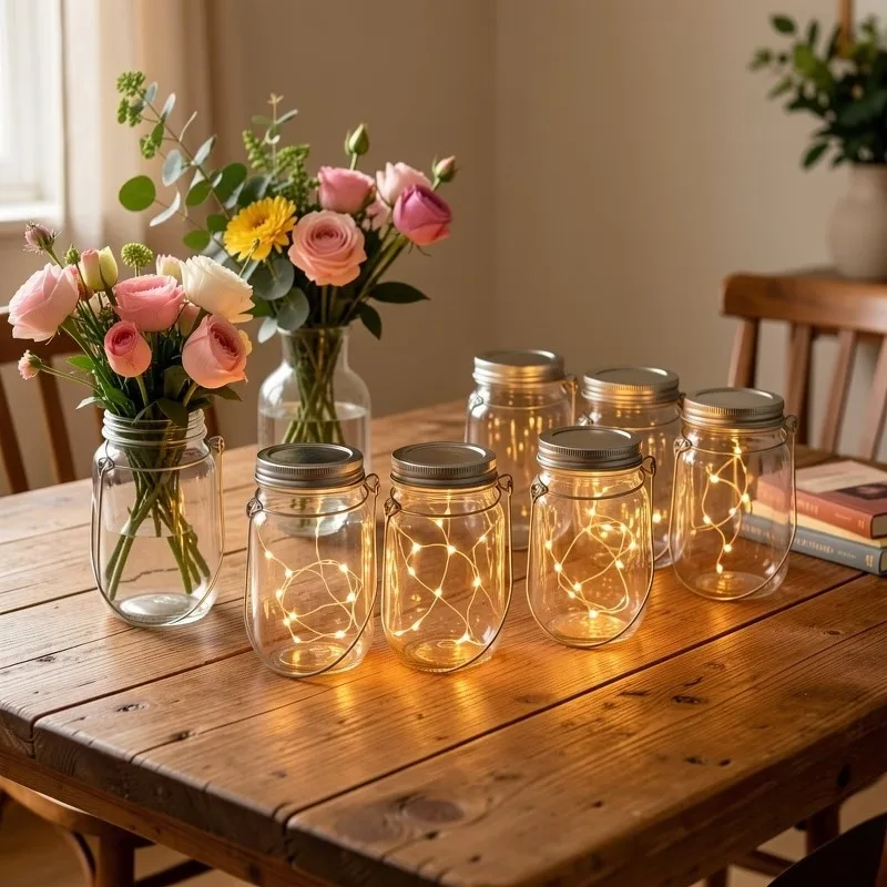 3/5/8/10Pcs DIY Plastic Mason Jar Set with Hooks Flower Arrangement Vase for Home Lighting Decor Craft Party Accessories