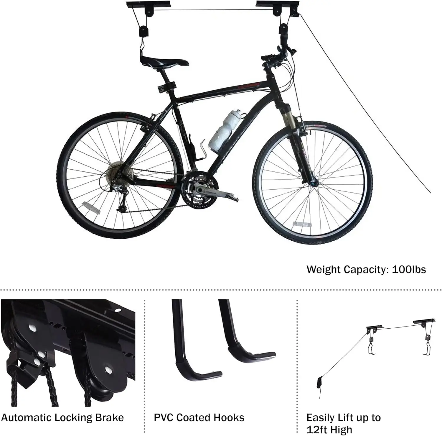 Overhead Pulley System for Bike Hoists, Bicycles or Ladders, Secure Garage Ceiling Storage by Road Cycle, 100 lb Capacity