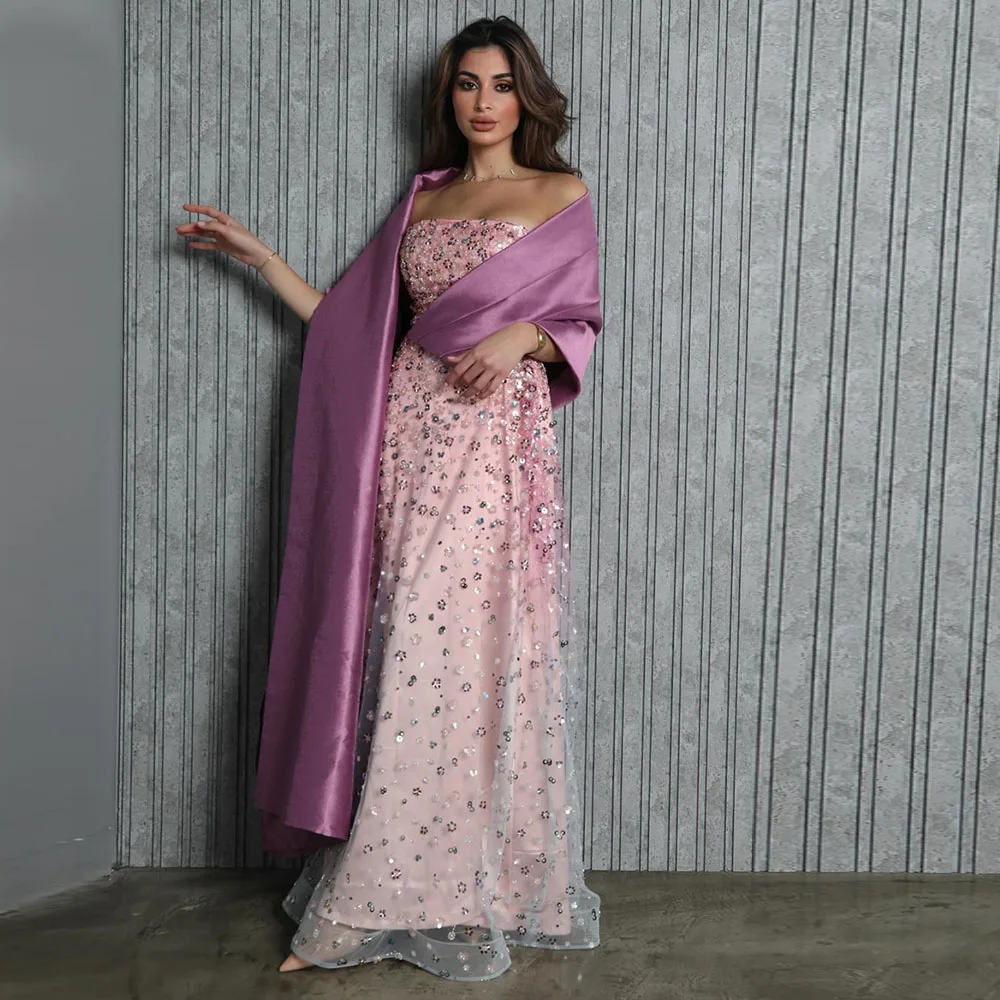 

Prom Gown for Women Luxury Sequined Strapless A-line Exquisite Elegant Evening Party Dresses with Shawl فساتين للحفلات الراقصة