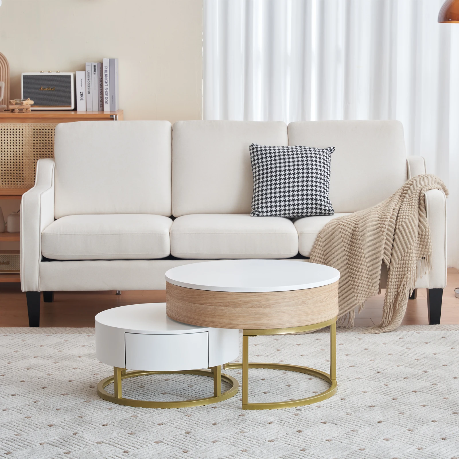 طقم طاولة قهوة مستديرة قابلة للطي من كومانلاي مكونة من 2، طاولة جانبية قابلة لضبط الارتفاع، مع سطح رفع ودرج، ومساحة تخزين مخفية