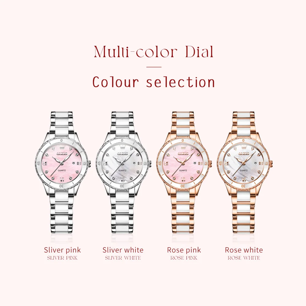 OLEVS 9985 ساعة نسائية مقياس روماني مقاوم للماء التقويم ساعة كوارتز أنيقة حزام السيراميك الفاخرة الأصلي فتاة ساعة Reloj Mujer