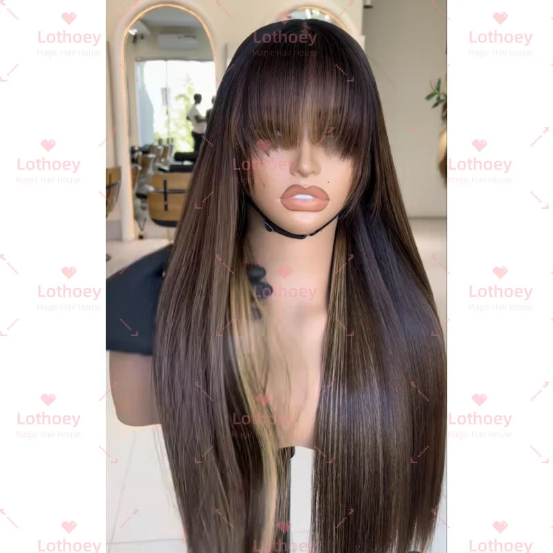 

Длинный прямой парик из натуральных волос с челкой, натуральный блеск, удобный и дышащий парик спереди, парик на шелковой основе для женщин на каждый день