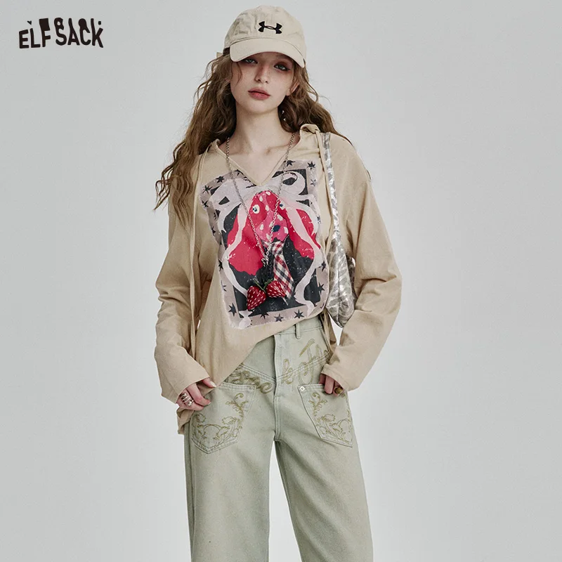 ELFSACK-Camiseta de manga larga con capucha y cuello en V para mujer, Top informal holgado de color caqui, novedad de Primavera de 2025