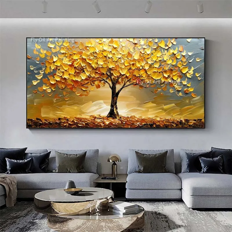 Handmade Golden Tree Oil Painting 3D Texture Money Tree Canvas Wall Art Modern Abstract Landscape Picture for Living Room Decor