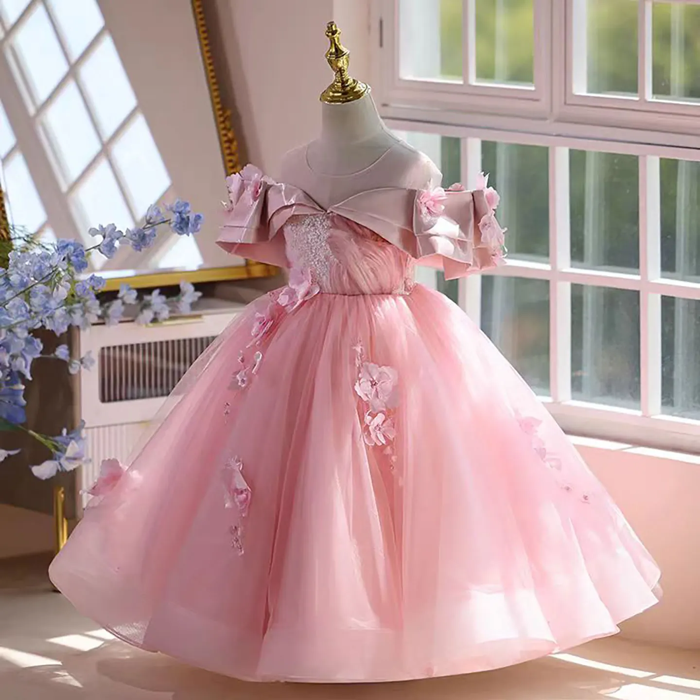 Dreamy Vow D048 Grazioso abito lungo da ragazza di fiore rosa in tulle con spalle scoperte per occasioni speciali Festa serale di nozze