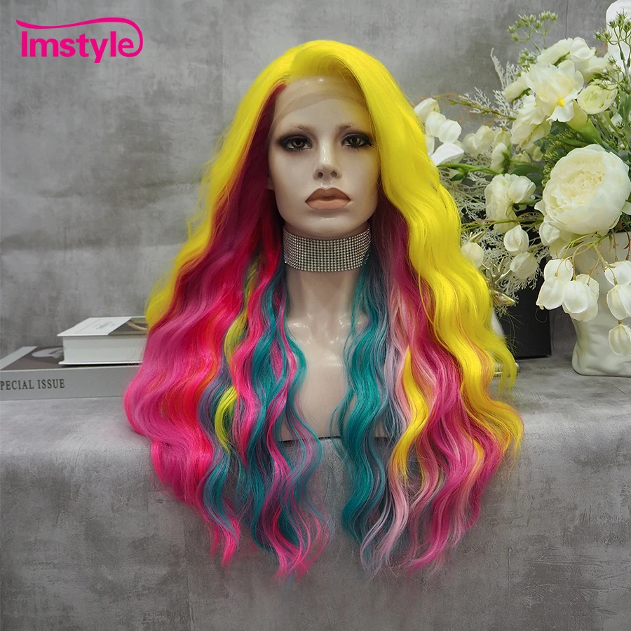 

Imstyle Colorful Yellow Synthetic Lace Front Wig Water Wave Multicolor Lace Wigs For Cosplay Long Pink Wig Heat Resistant Fiber