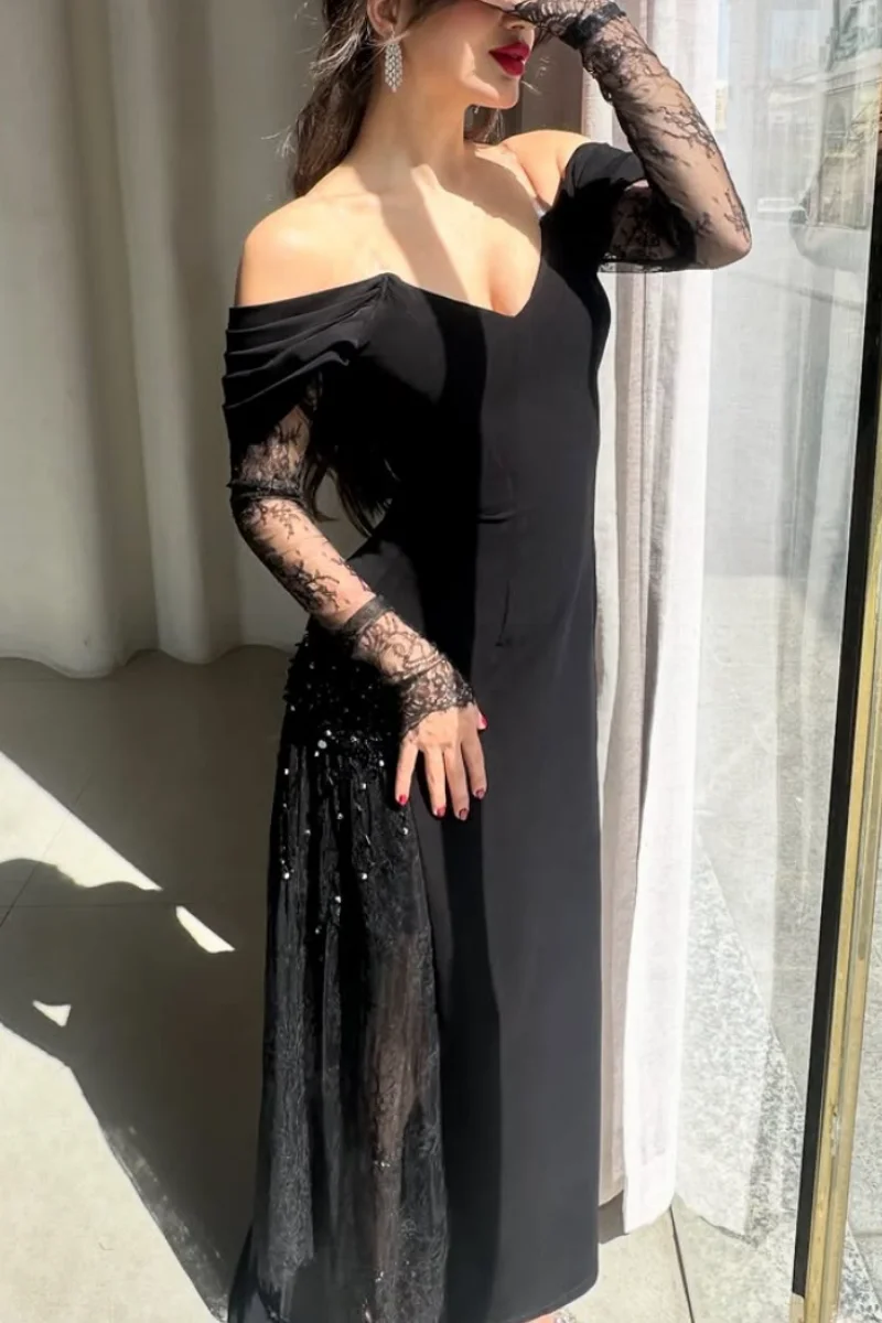 Jessica Black Lace Long-sleeved Shirt Evening Dresses Formal Occasions Prom Dresses Sexy Off-the-shoulder Party Dresses