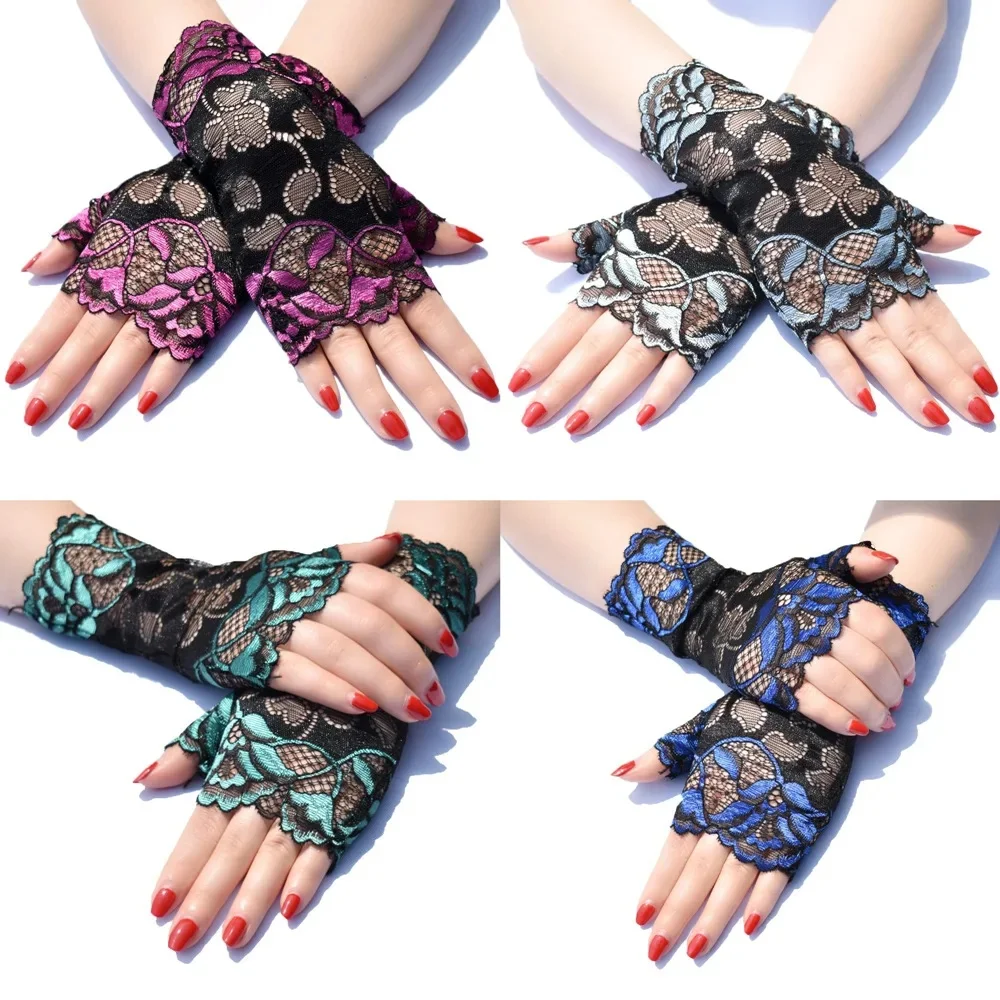 Modische Damen Sexy Fingerlose Handschuhe Halbfinger Sonnenschutz Kurze Schnürhandschuhe Rosenmuster Handschuhe