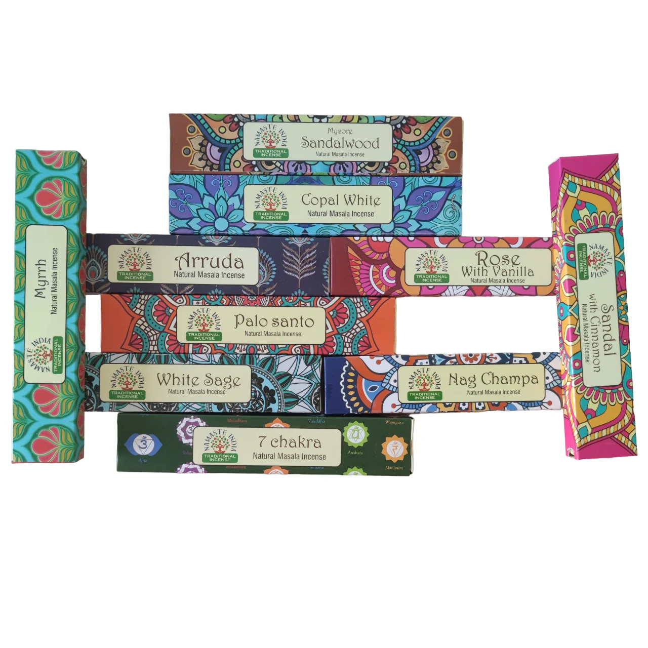 Batch of incense Orkay-assortment of 12 boxes-Pack of incense assorted aromas-White Sage, sandalwood, nag champa, palo santo, seven chakra, patchouli, myrrrh, Rose, copal, Aruda, rude