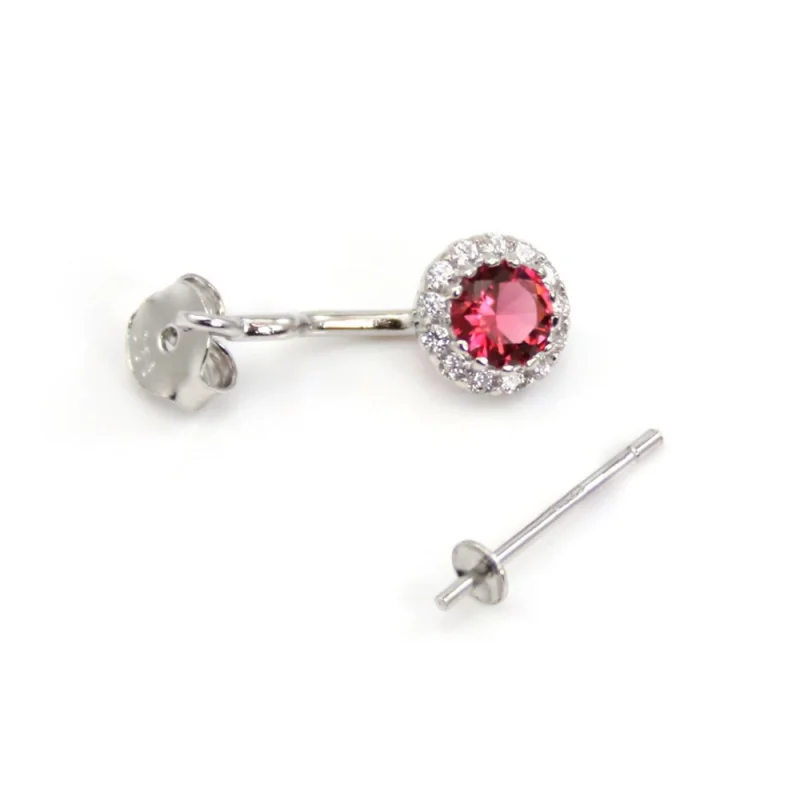 925 Sterling Silver Earrings studs & Pushbacks round red set for semi pierced 7x20mm - cubic zirconia & Rhodium plated x 2pcs