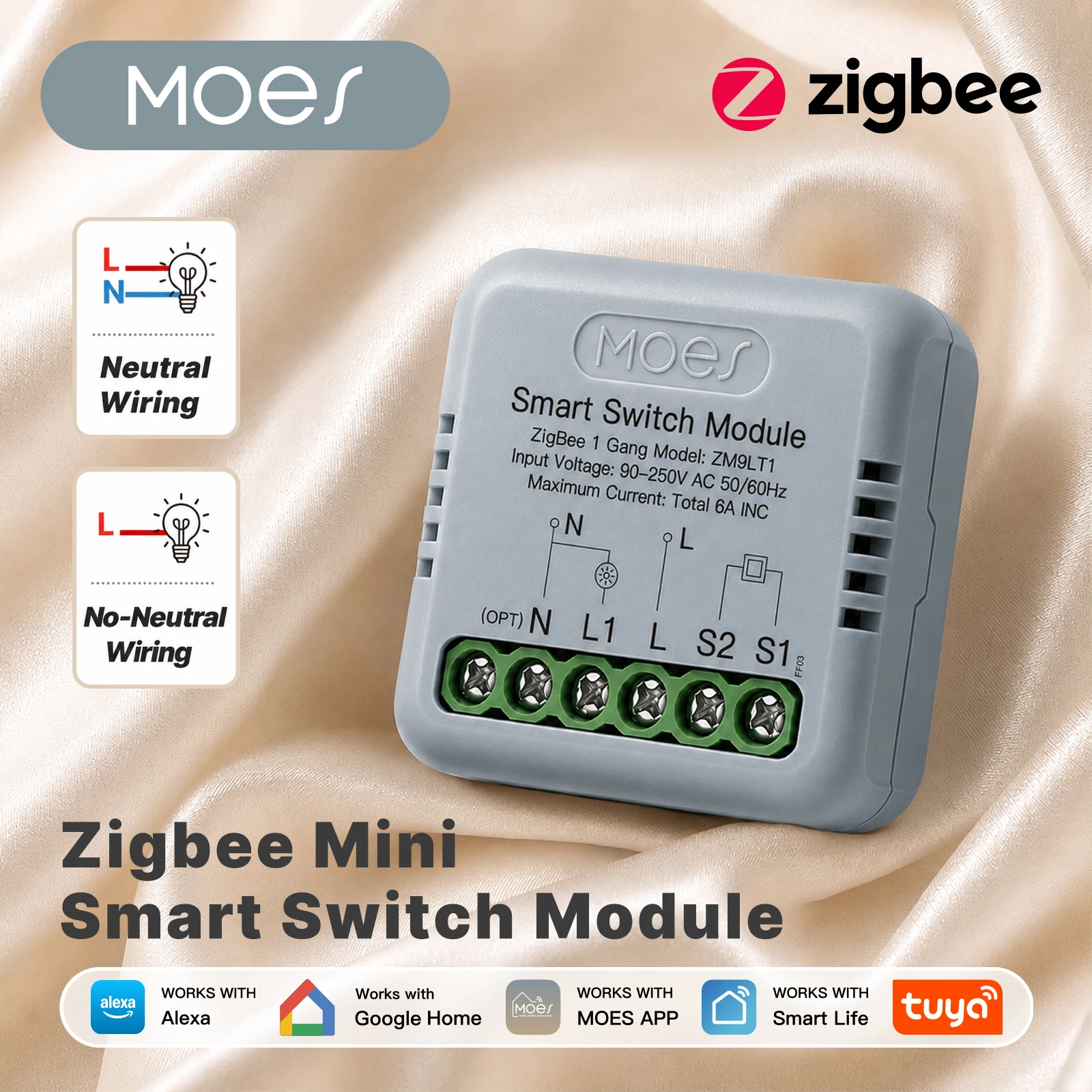 MOES Tuya Zigbee Smart Switch Module Mini DIY Breaker No Neutral or L+N Wire Required Voice Control via Alexa Google Home Hub