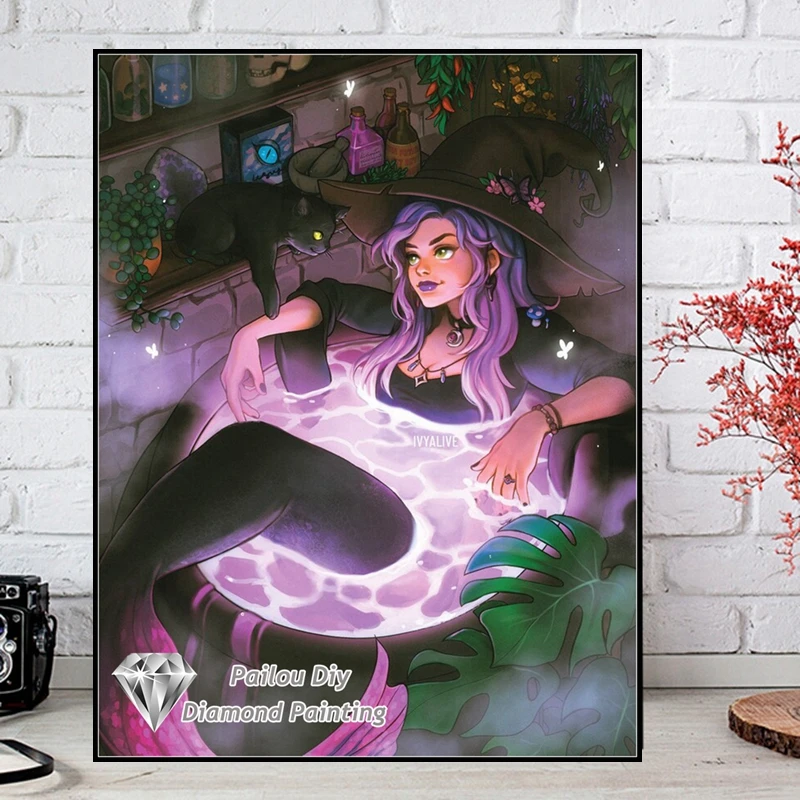 Rose Witch Pink Cats Diamond Painting Full Drills Magical Botanical Flowers Wizards Girls Gift Mosaic Cross Stitch Room Decor