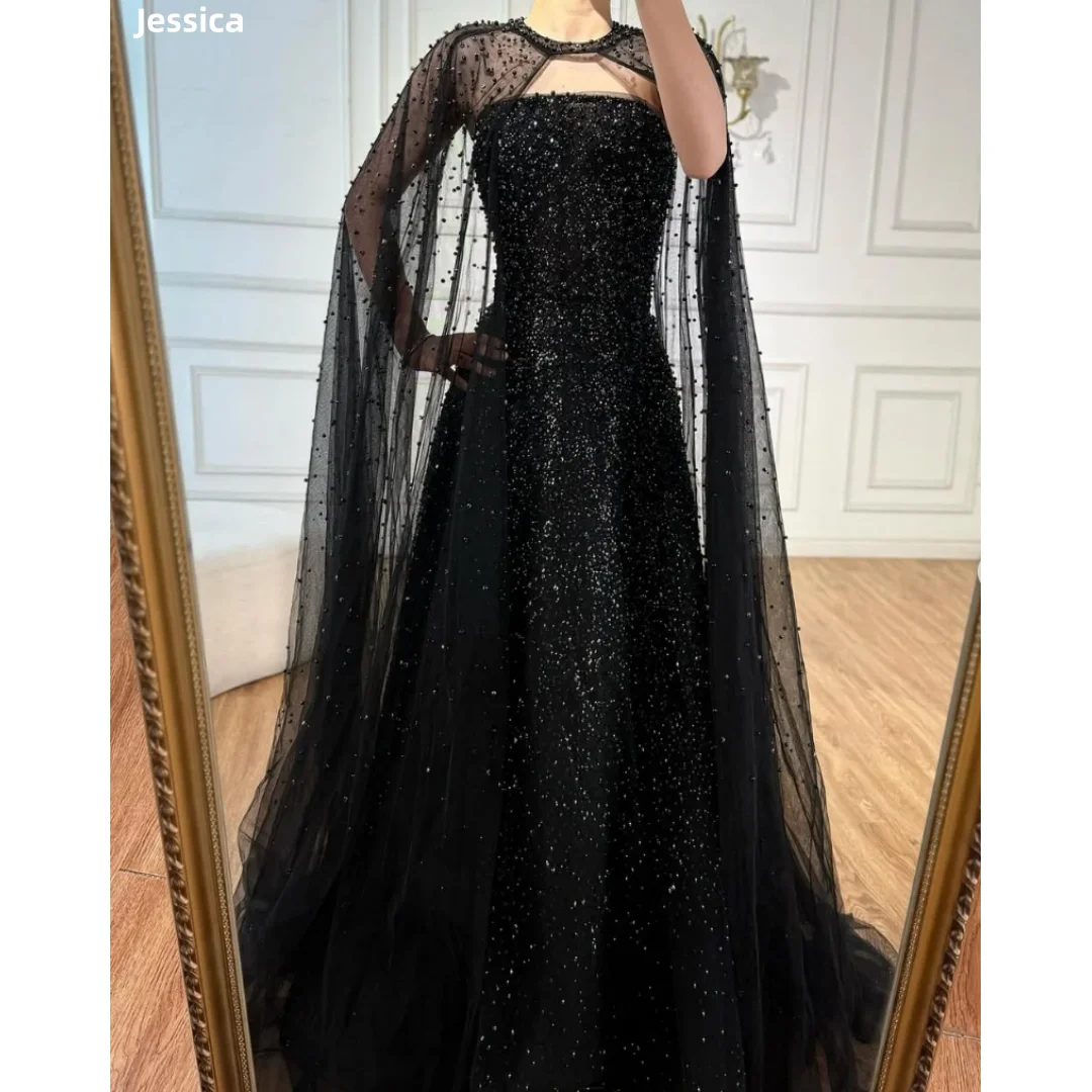 

Jessica Black Sequin Beads Evening Dresses Slim Fit Tulle Cape Luxurious Prom Dresses Lady Wedding Party Dresses Customized