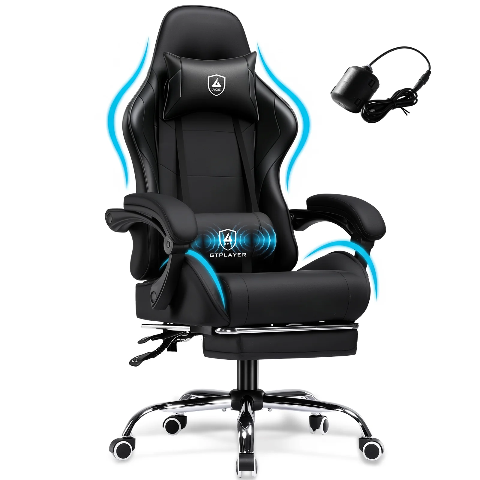 GTPLAYER Silla Gaming, Silla de Oficina Ergonómica con Soporte Lumbar y Función de Masaje, Altura Ajustable, Tapizada, 150 kg