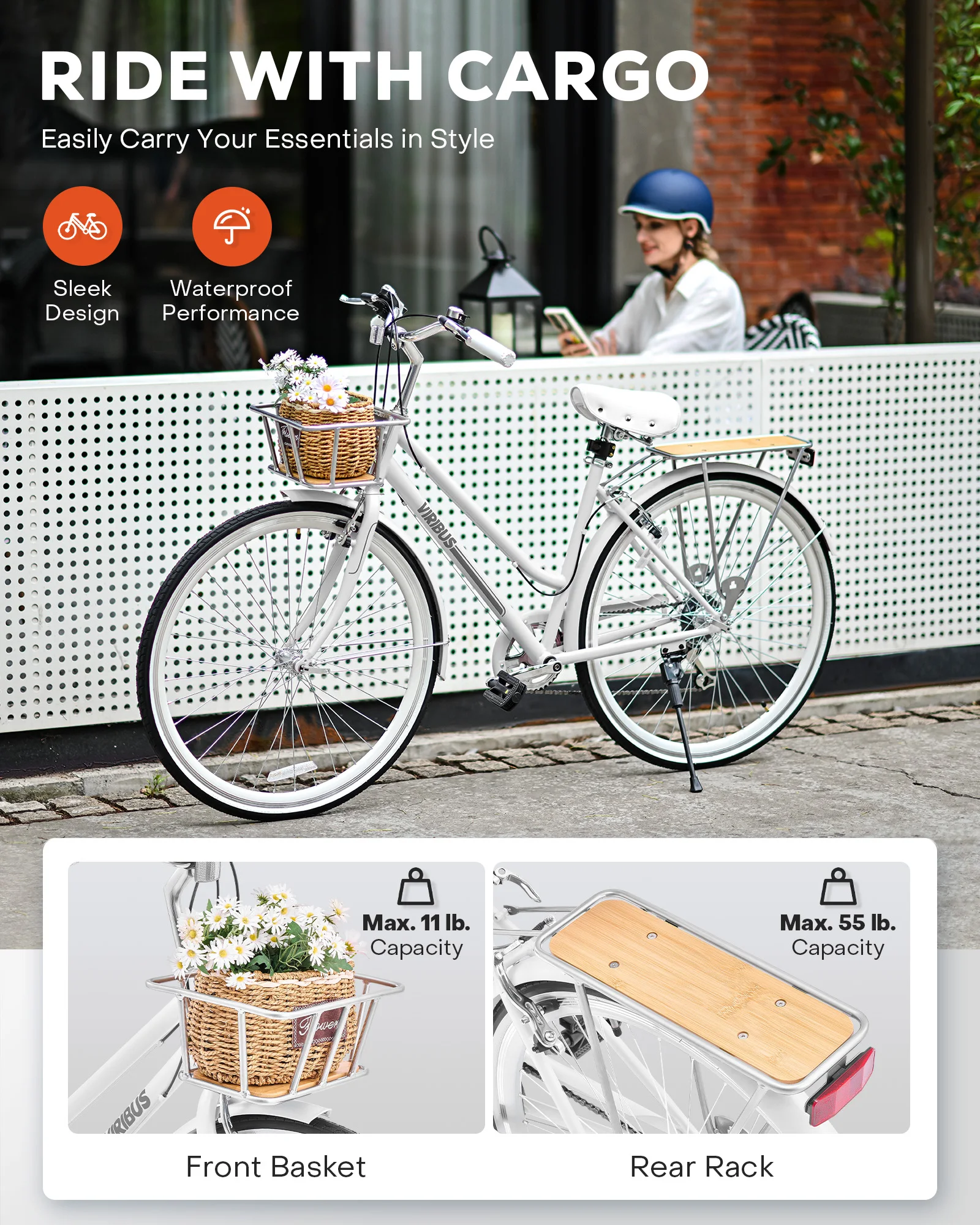 دراجة VIRIBUS Hybrid، دراجة هجينة للبالغين 700c للنساء مع 7 سرعات محرك 28 بوصة عجلة خطوة من خلال الإطار الأمامي والسلة الخلفية #3