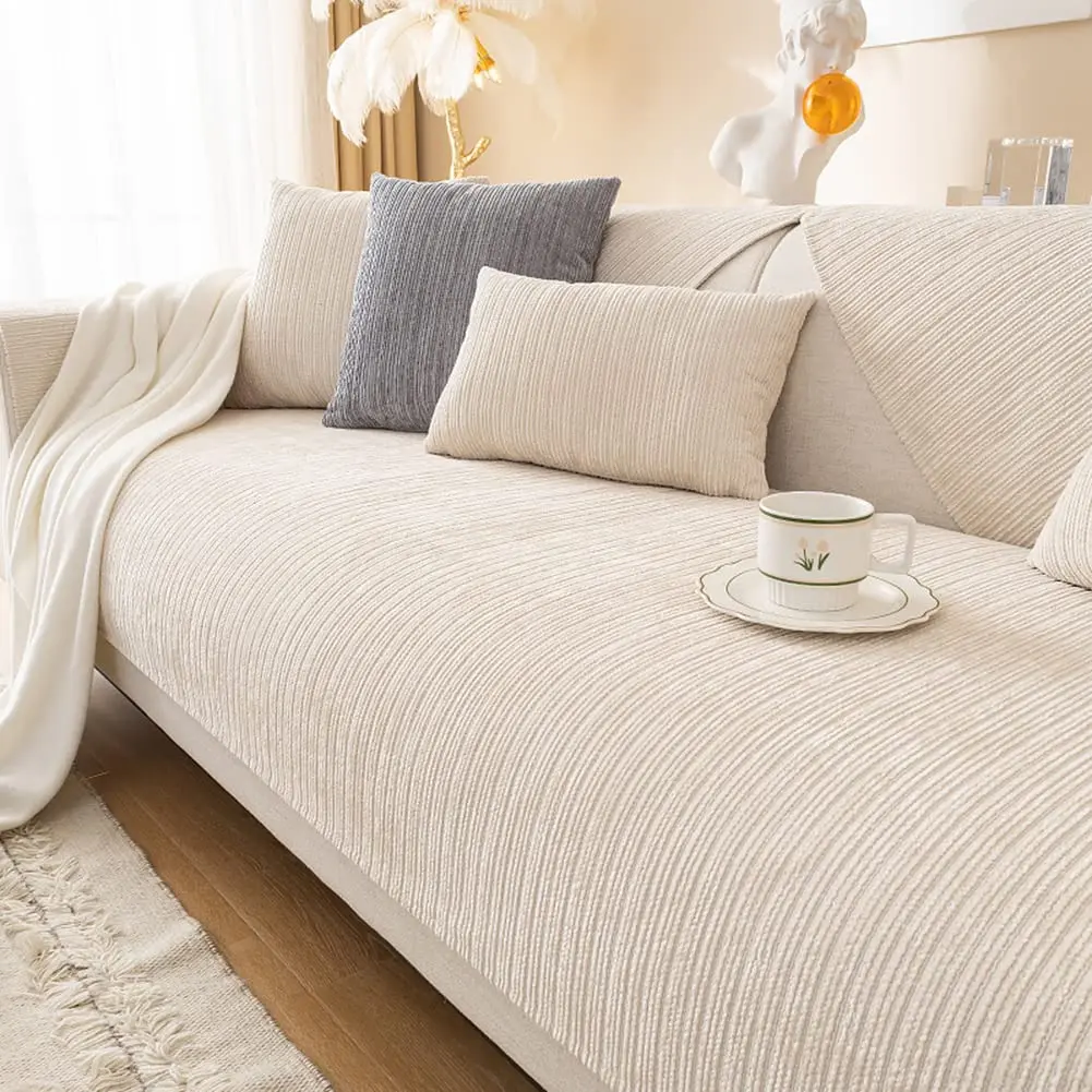 Zachte Chenille Sofa- en bankhoes Effen Kleur Gestreept Geweven Getextureerde Hoekbankhoezen Wasbaar Antislip Sofa Slipcover voor Honden Huisdieren, 1 Stuk/Niet een complete set (Gebroken wit, 27,56 ×