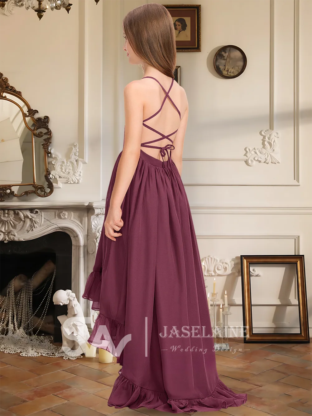 Элегантное платье подружки невесты для юниоров, шифоновая трапециевидная асимметричная юбка с бантом, платье с цветочным узором для девочек, официальная одежда для девочек, свадебная вечеринка