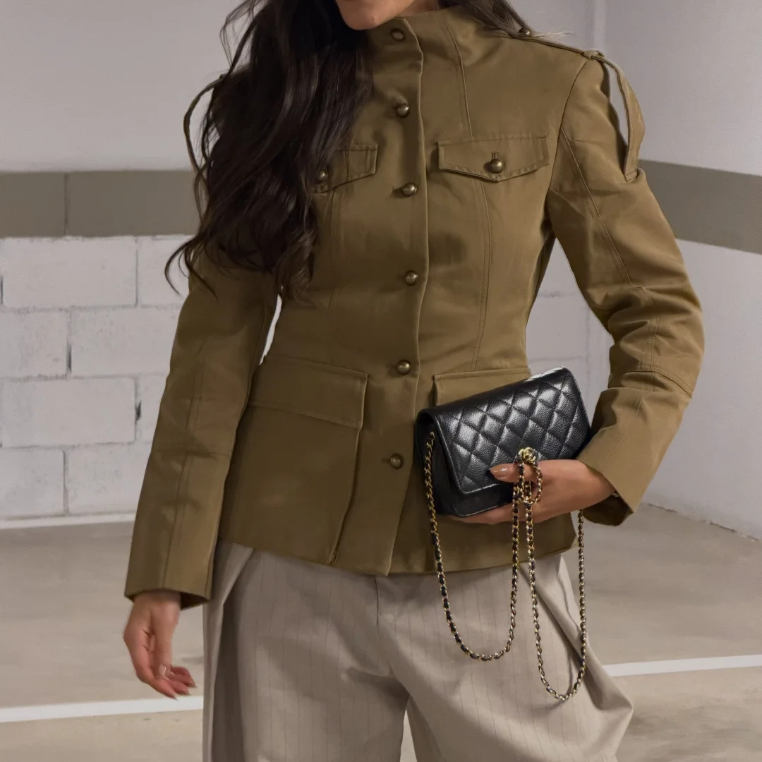 Womens Vintage Khaki Cargo Jacket Shorts Set Stand Collar Military Coat High Waist Button Trousers 2 Piece Streetwear Suit