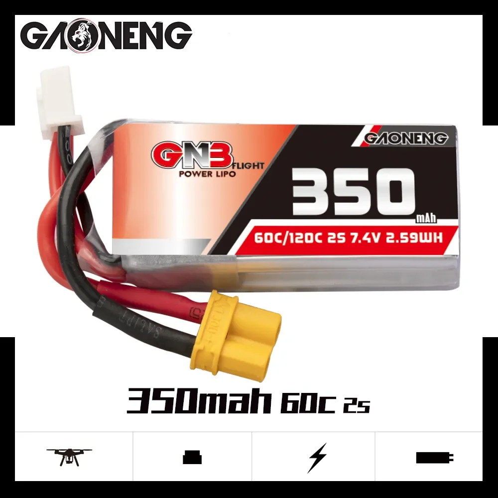 GNB 2S 350mAh 60C 7.4V بطارية ليبو PH2.0/XT30 لـ 1:28 RC WLtoys K969 K989 سيارات صغيرة FPV Whoop Drone