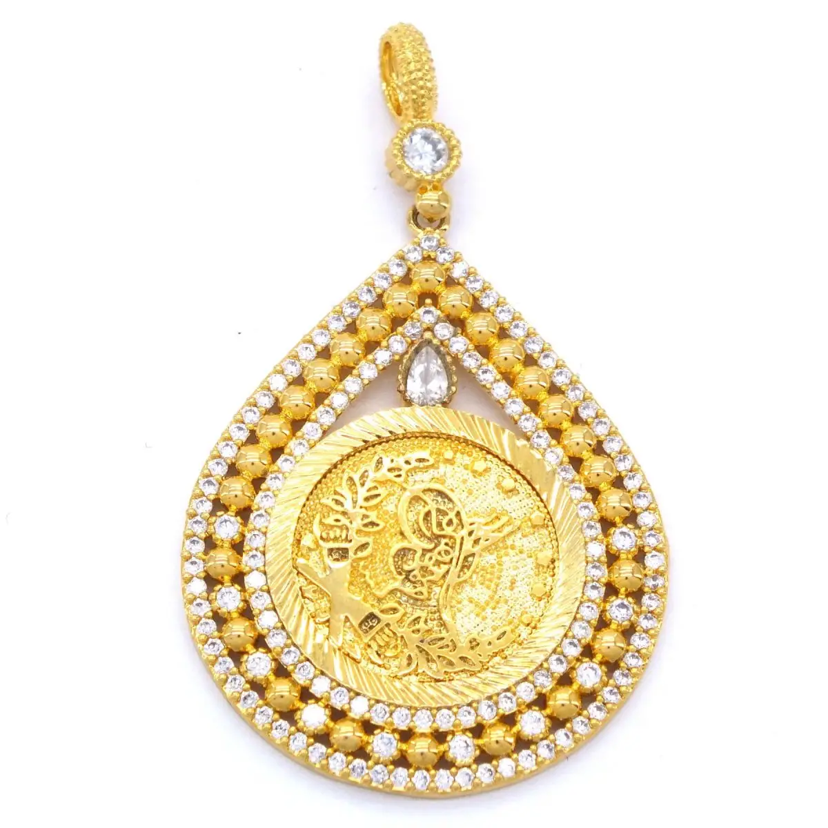 Gold Plated Women's Pendant Chain Tugra Drop Pattern Zircon Stone Round New Fashion Turkish Tradition Wedding Engagement Gift