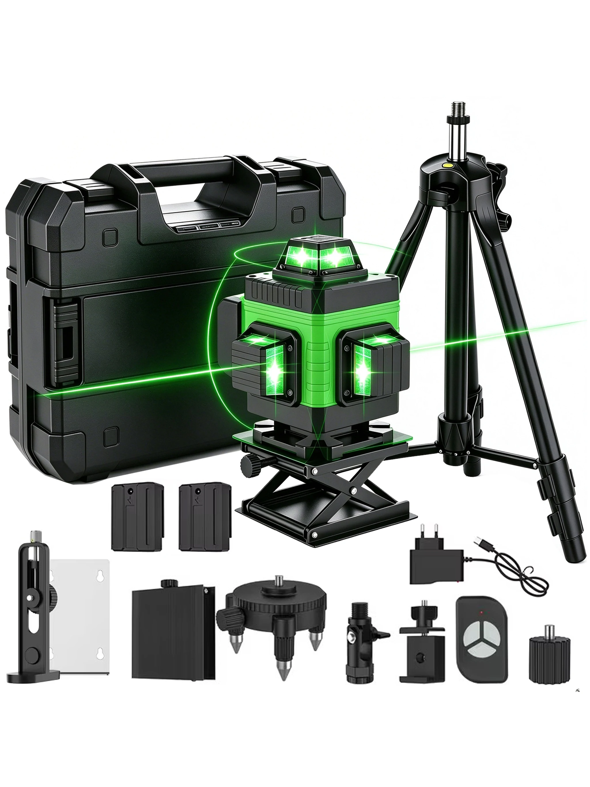 16-liniowy laser 4D z zielonym wiązkiem, samopoziomujący, 360°, do poziomowania podłóg i ścian, z naklejkami liniowymi i statywem. — 2