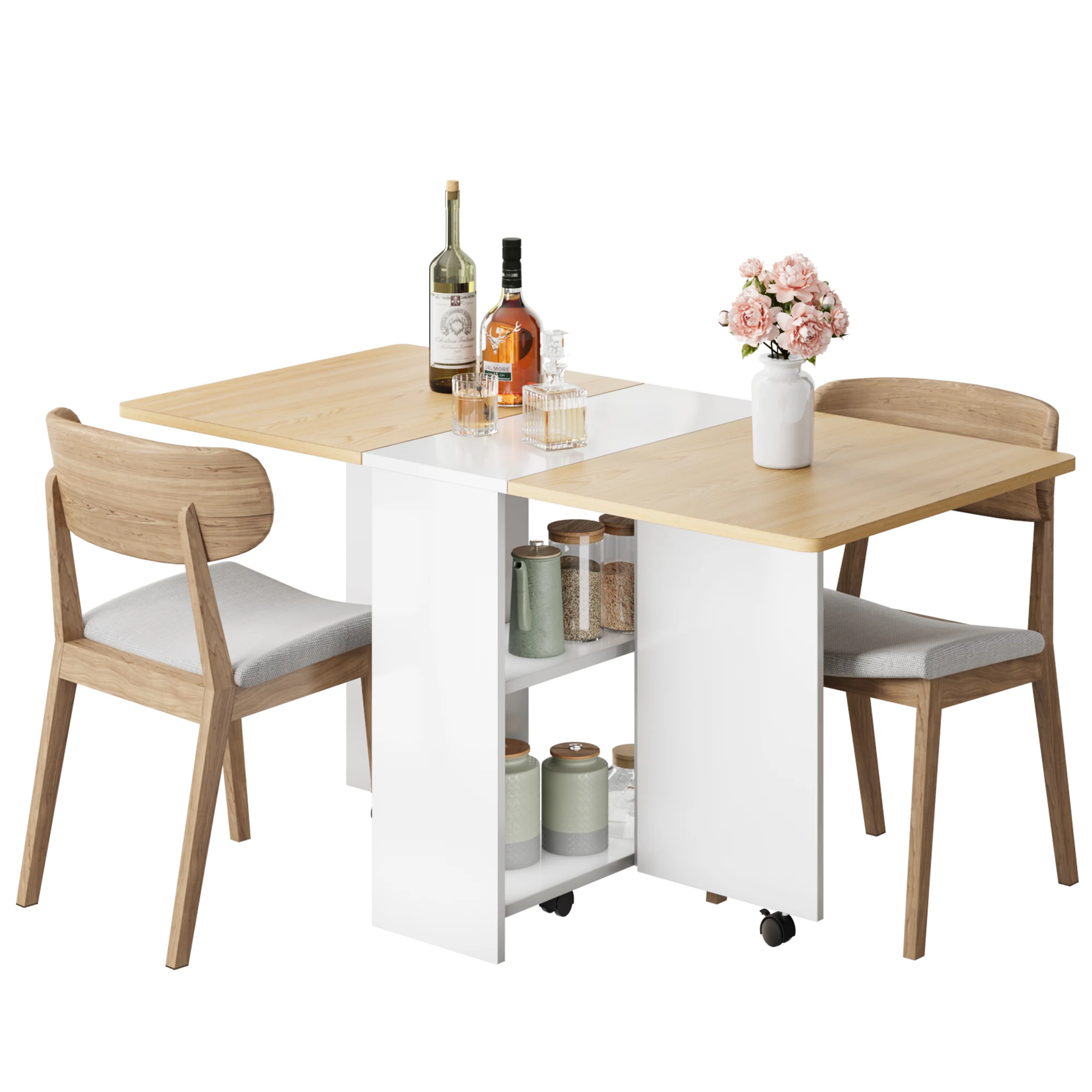 Klappbarer Esstisch mit Rollen, mobiler Küchentisch mit 2 Staufächern für 4-6 Personen, ideal für kleine Räume, Esszimmer, Küche, 120 x 60 x 75 cm