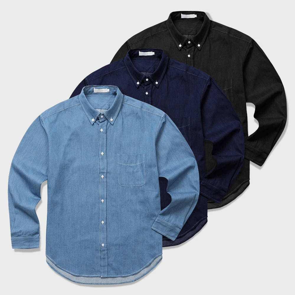 Men's Casual Denim Shirt Cotton over Fit Loose Long-sleeved Pocket Blue Shirt