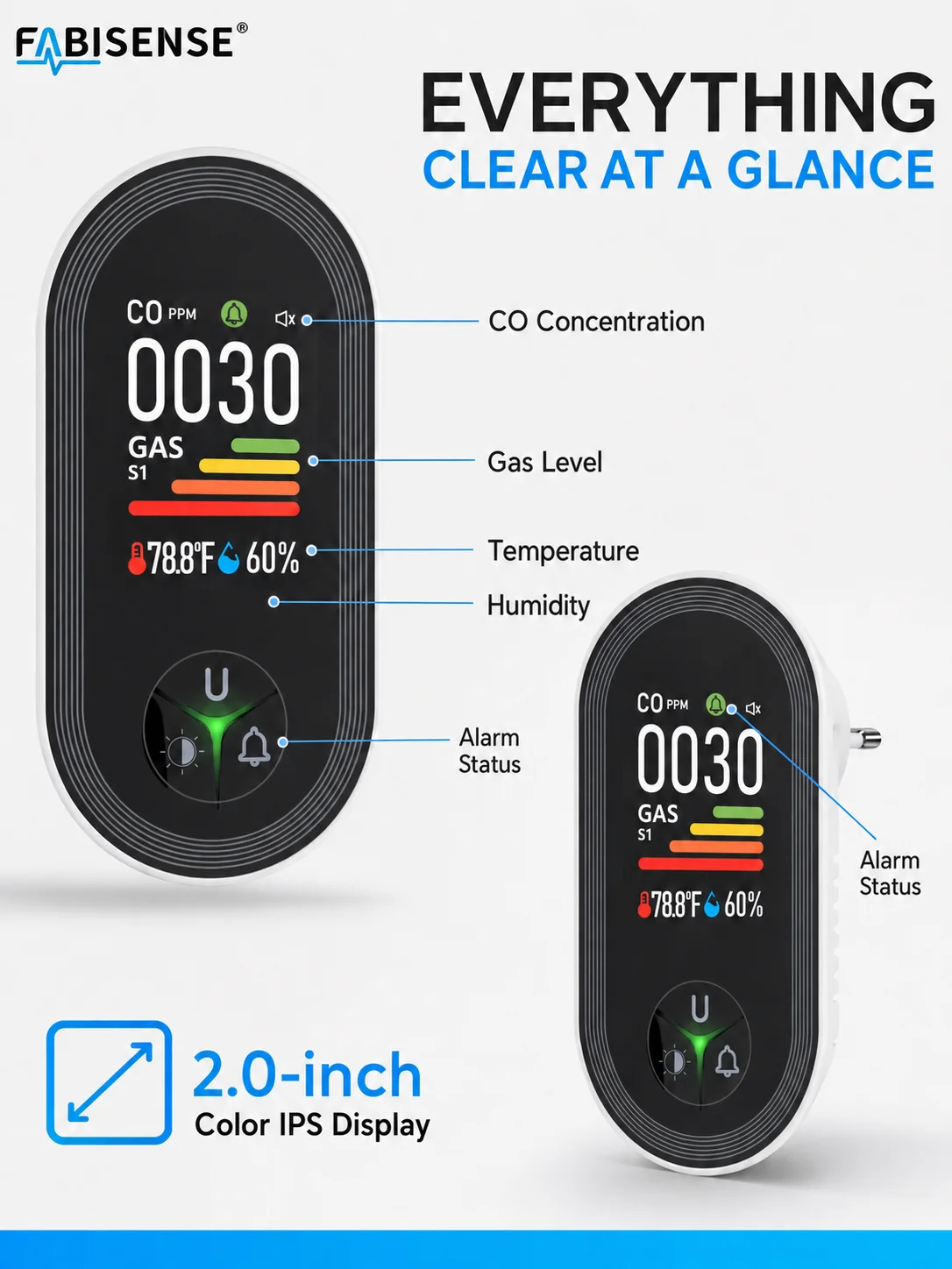 FABISENSE 4-in-1 Plug-in-Kohlenmonoxid- und Gasdetektor, CO-Alarm, Gasanalysator-Display mit Feuchtigkeits-/Temperatursensor für Zuhause – Detail 5