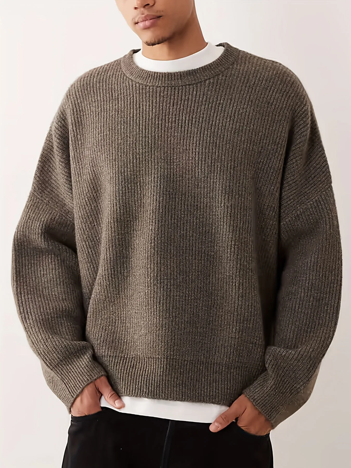 

Новый осенне-зимний мужской вязаный свитер-пуловер с круглым вырезом, однотонный, свободного кроя, с длинными рукавами, теплый топ