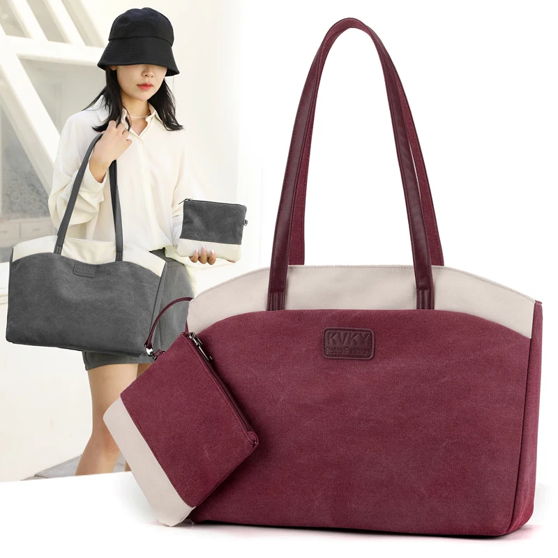 

Minimalist Commuter Canvas Bag Women Large Capacity Tote with Coin Pouch