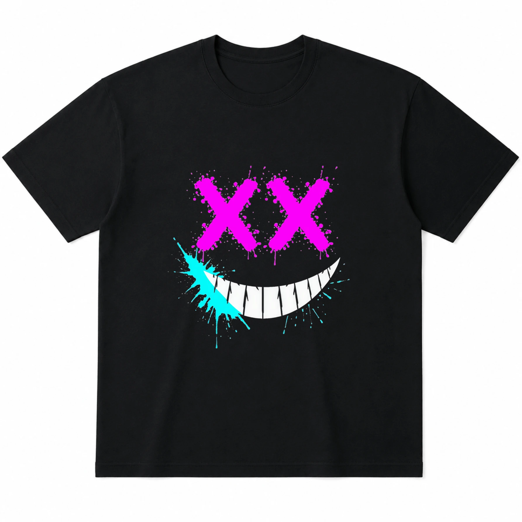 T-shirt con stampa a tema graffiti, color rosa neon, con faccina sorridente e occhi, modello unisex, in cotone nero, maniche corte.