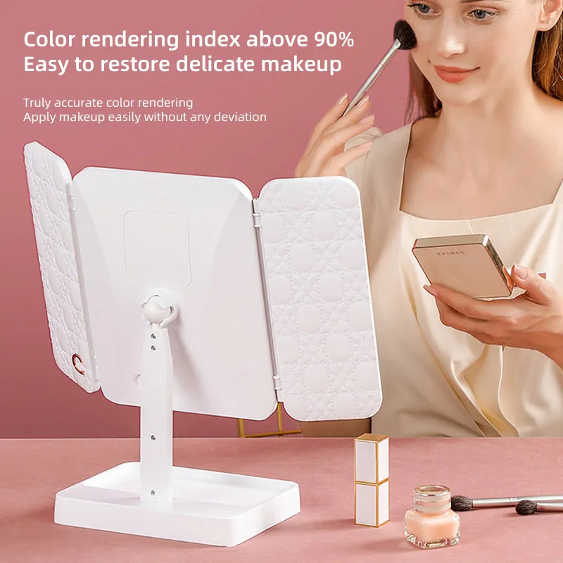 Dreifach faltbarer LED-Schminkspiegel, 3-Ton-Lichter, tragbarer, kompakter Desktop-Kosmetikspiegel, 2-fache/3-fache Vergrößerung, drehbarer, beleuchteter Schminkspiegel