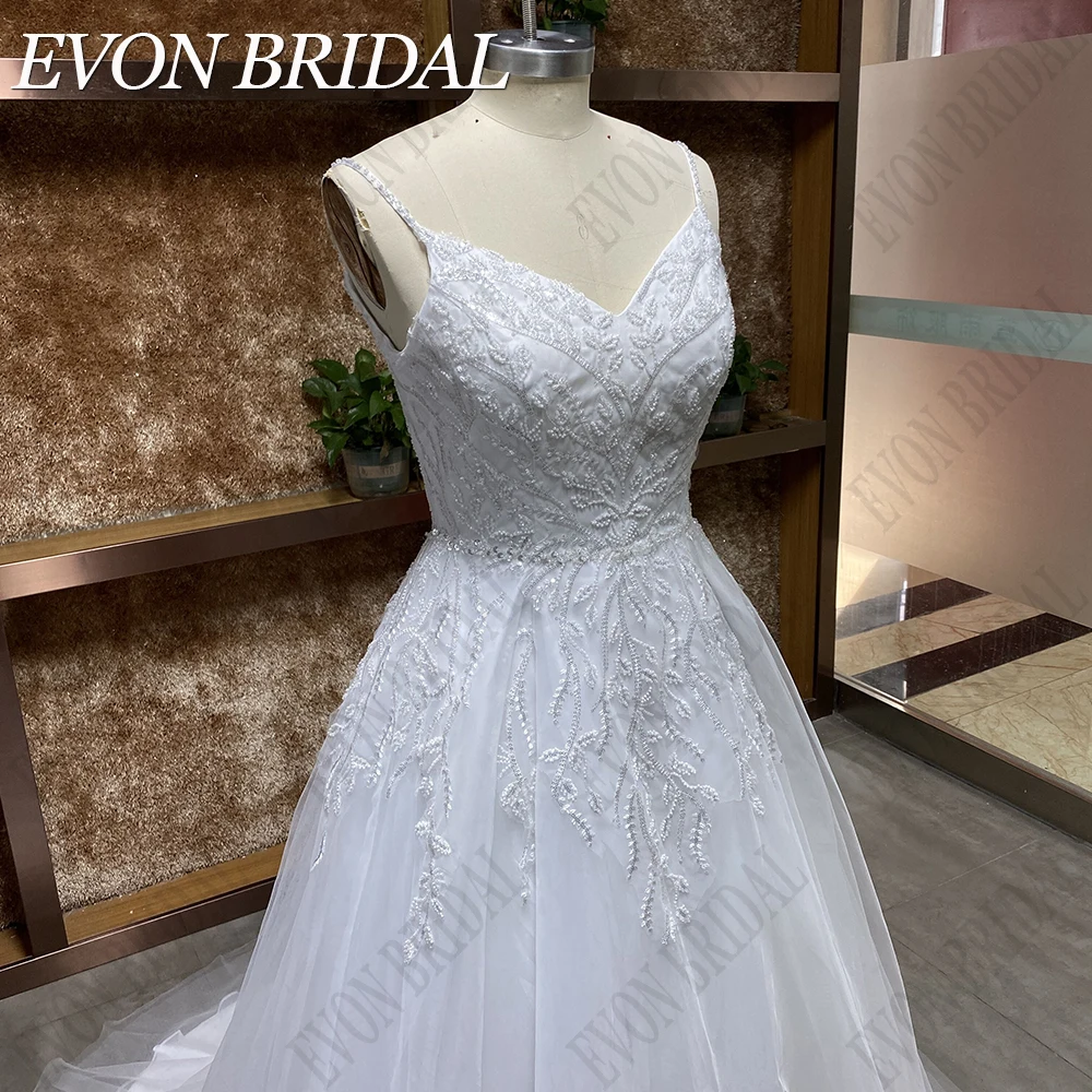 EVON BRIDAL Perles de dentelle femmes robe de mariée robe de princesse à dos découvert spaghetti bretelles col en V robe de mariée 2024 élégante a - word robe true photo plus taille robe de mariée sans manches balayage