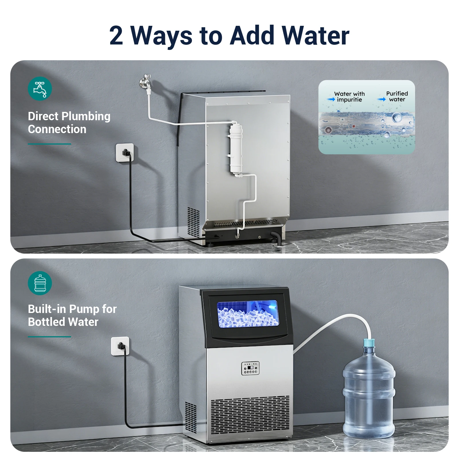 Commercial Ice Maker Machine 200Lbs/24H, 50Lbs Storage Bin, Freestanding & Under Counter Ice Maker | 55 Ice Cubes in 5-15 min | Thicknesses Adjustable | Commercial Ice Machine, Stainless Steel image 5