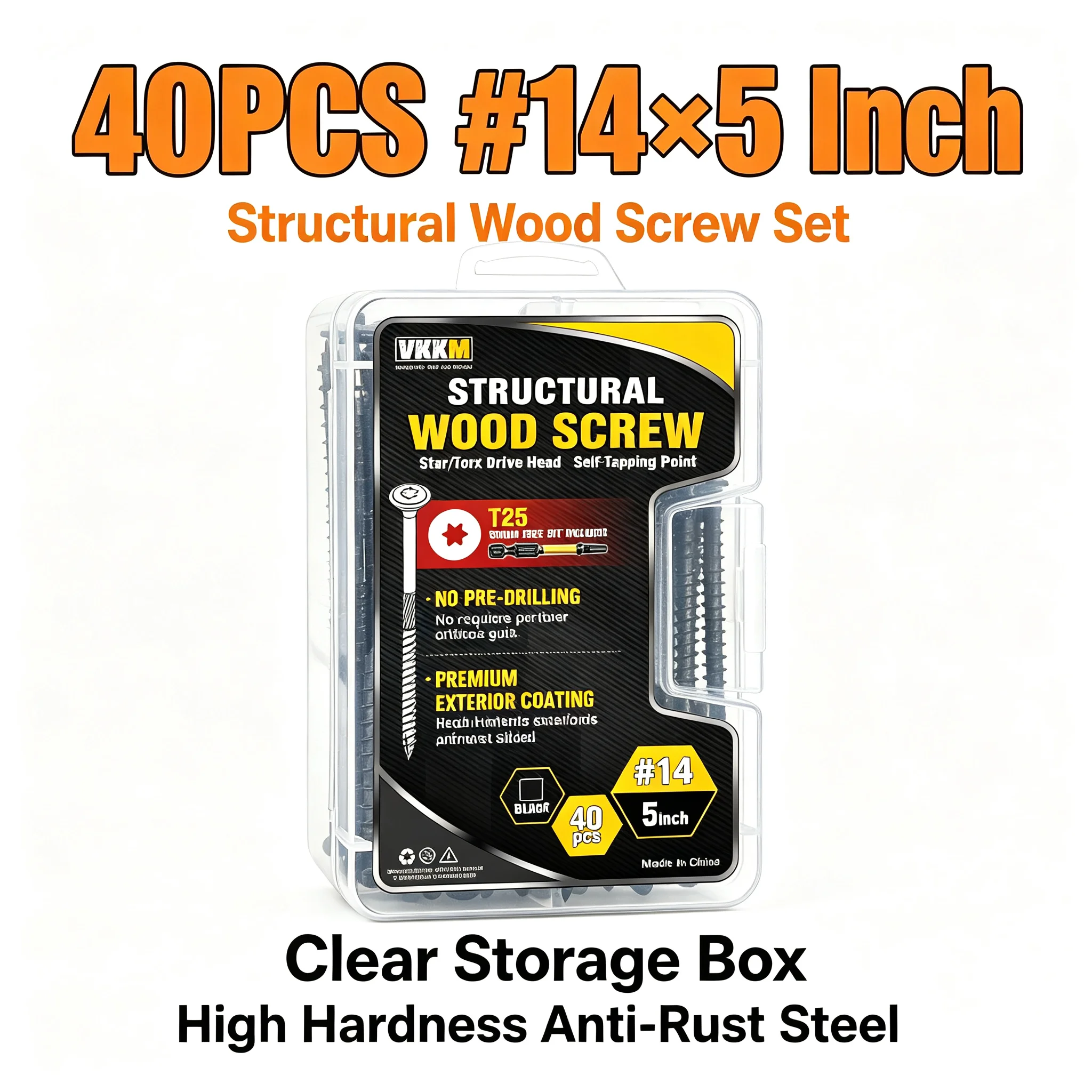 VKKM 40Pcs #14 x 5 Inch Structural Wood Screws, T25 Torx Star Drive Truss Washer Head, Reverse Coarse Thread Self-Tapping Anti-Split Heavy Duty Exterior Wood Fasteners with Free T25 Drill Bit for Deck, Fence, Outdoor Wood Construction