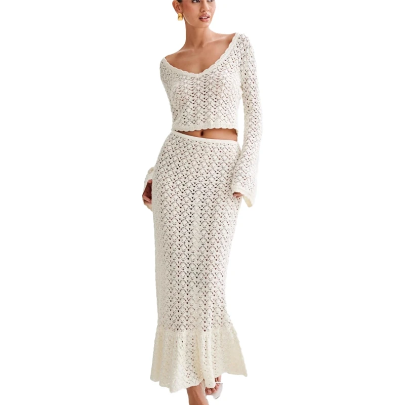 2 pezzi abito in maglia con balza da spiaggia top corto sexy a maniche lunghe e gonna a vita alta avvolgente da salone copricostume bikini all'uncinetto cavo da donna