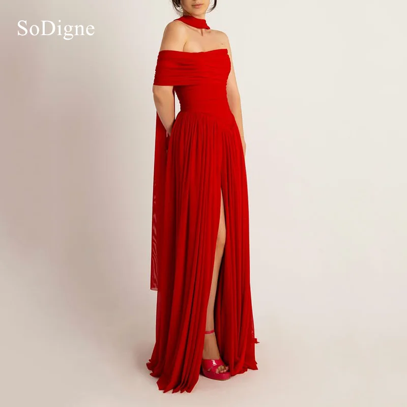 

SoDigne Red Chiffon Prom Dresses Off The Shoulder Side Slit Pleats Party Dress Charming Ribbons Formal Prom Gowns Customized