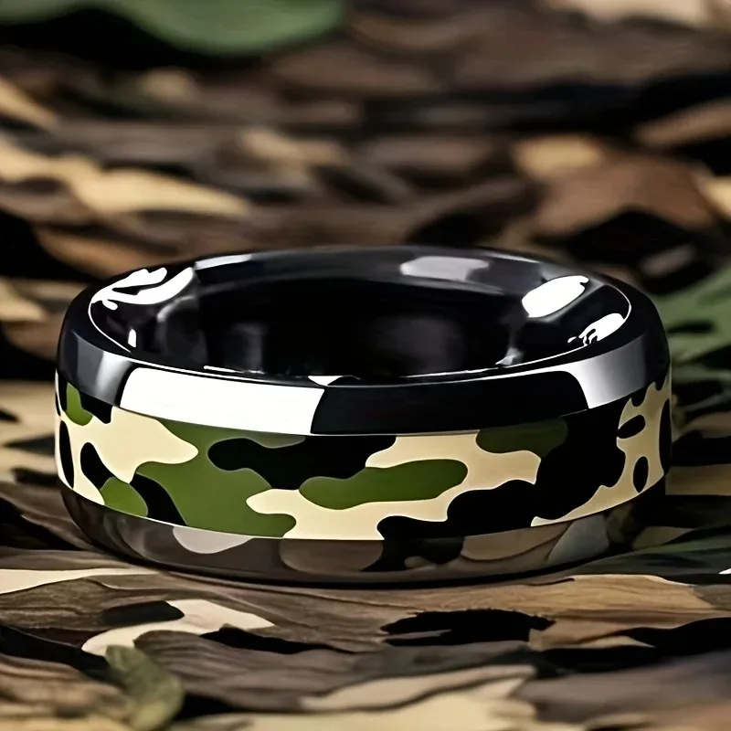 Cool 8mm Silver Color Camo Pattern Inlay Ring for Men