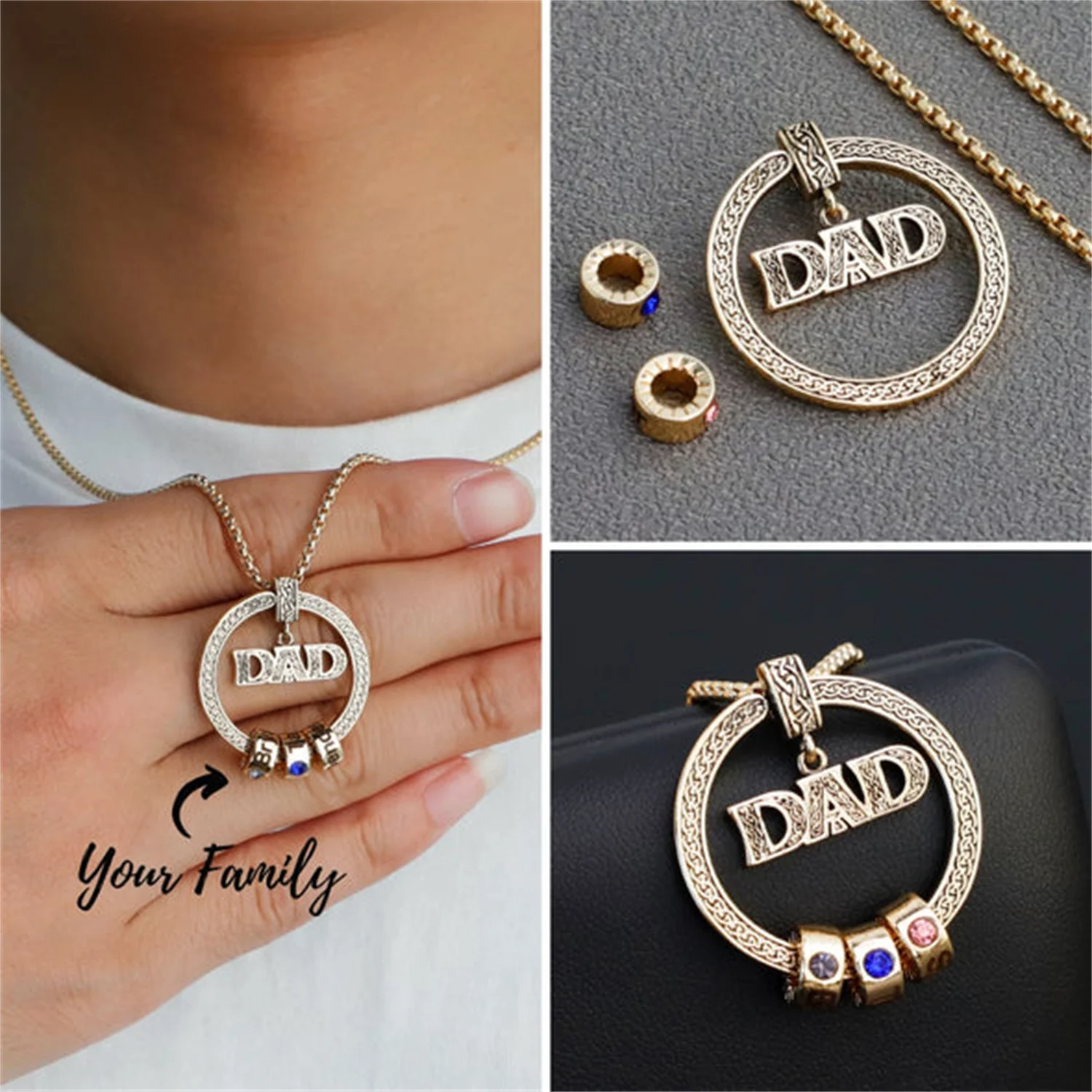 

Custom DAD Round Celtic Necklace Personalized Kids Name Pendant Gold Chain Stainless Steel Jewelry Dad Father's Day Grandpa Gift